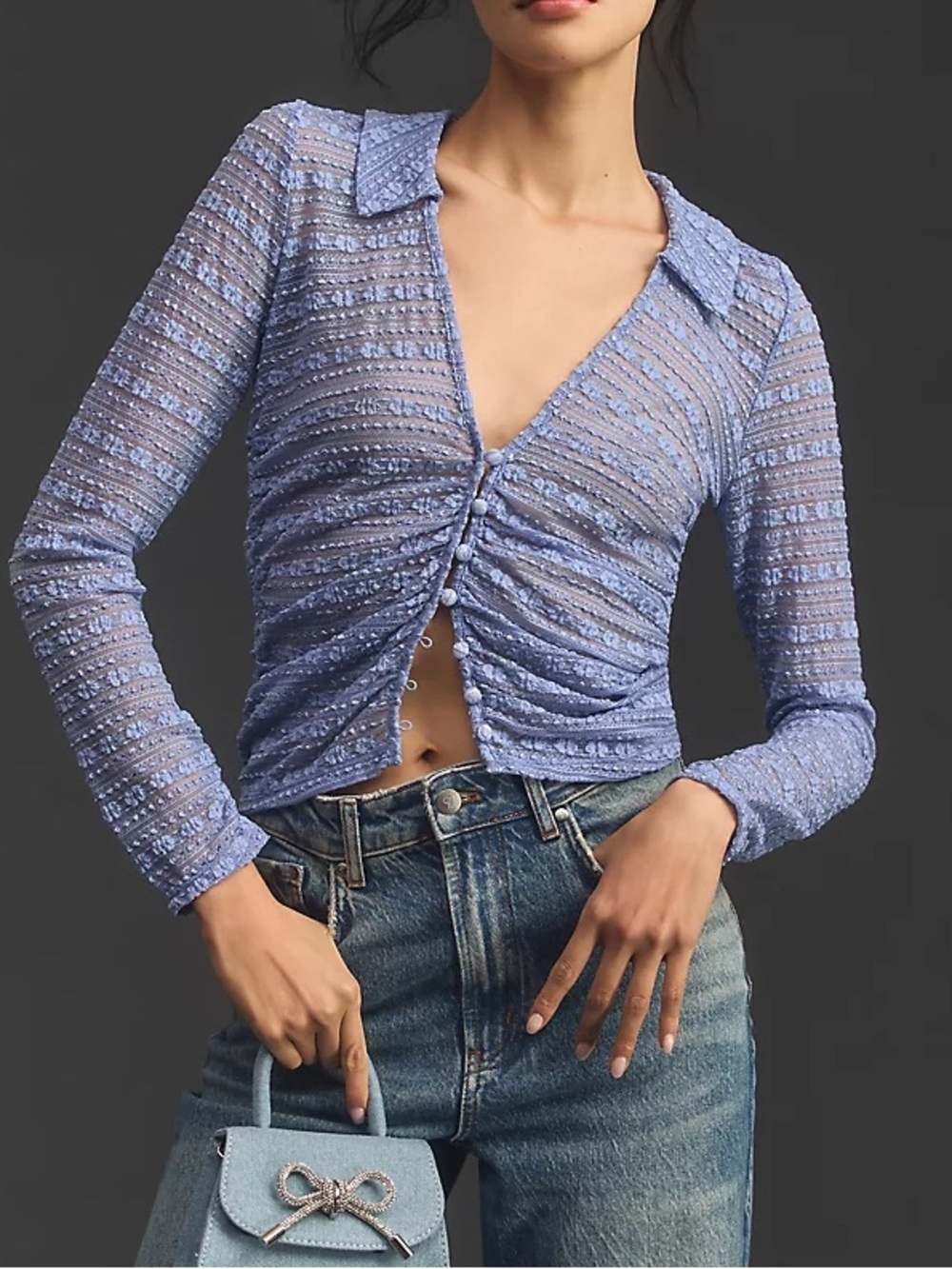 NWOT- By Anthropologie Sheer Long-Sleeve V-Neck Floral Lace Top
